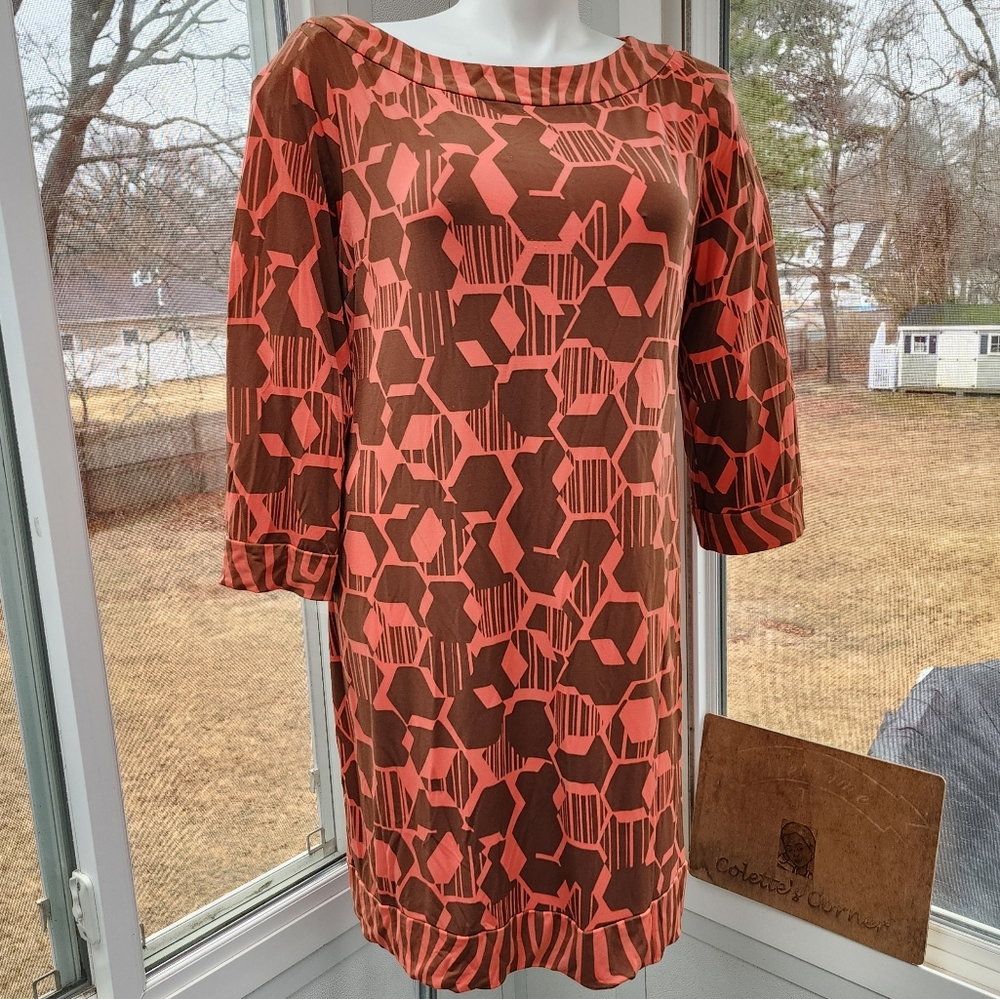 Attention Brown & Coral Geometric Stretch Sheath Dress - Picture 11 of 11